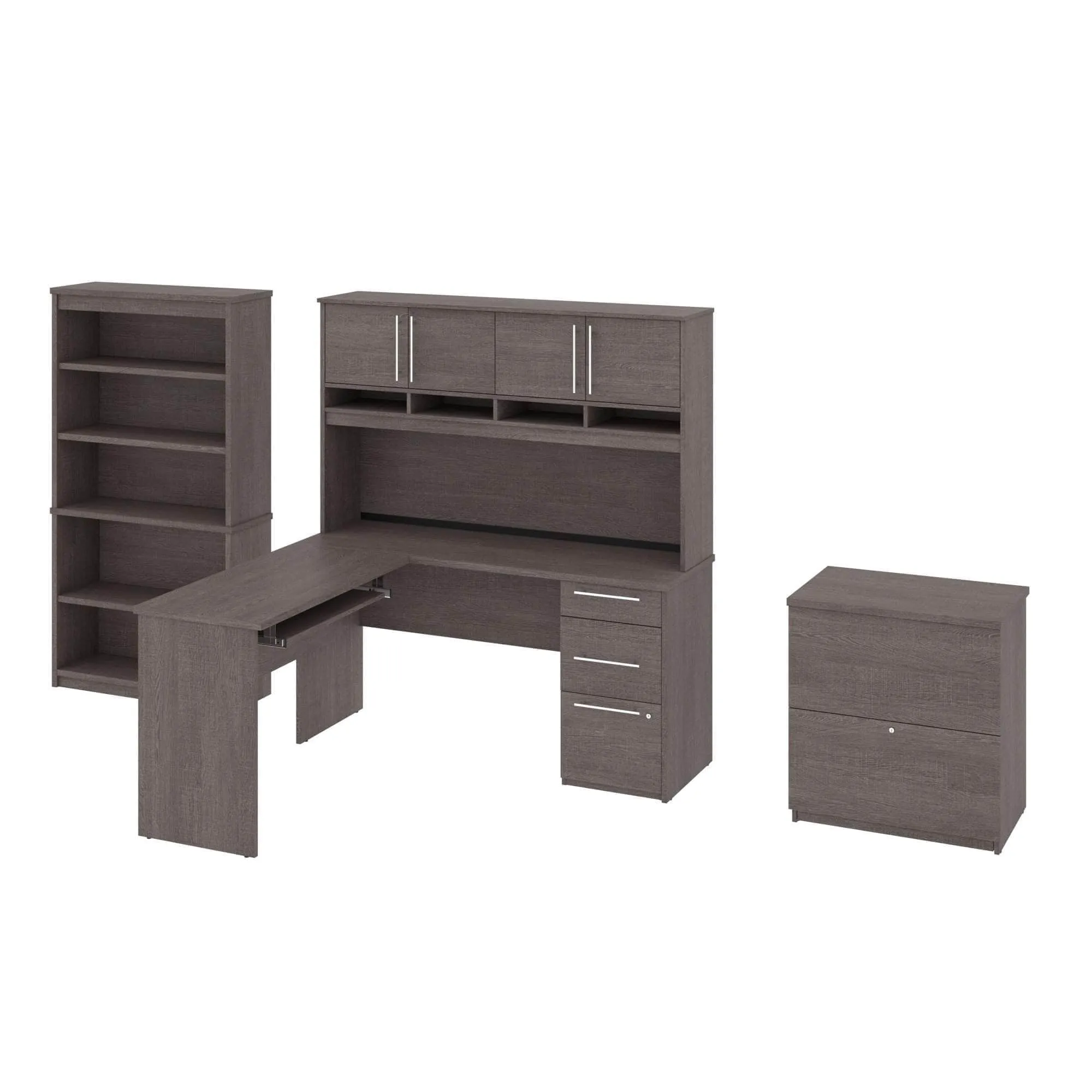 Innova L-Shaped Desk with Pedestal and Hutch, 1 Lateral File Cabinet, and 1 Bookcase in Bark Grey