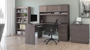 Innova L-Shaped Desk with Pedestal and Hutch, 1 Lateral File Cabinet, and 1 Bookcase in Bark Grey