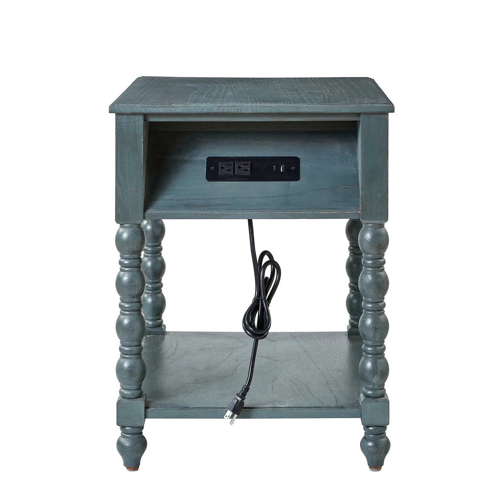 Ira 26" Tall Farmhouse Solid Wood End Table with Built-in Charging Outlets