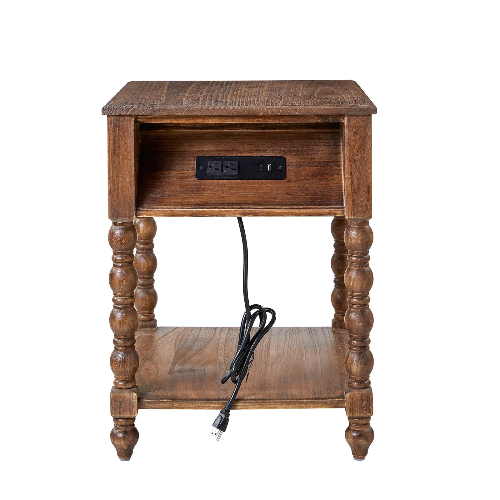 Ira 26" Tall Farmhouse Solid Wood End Table with Built-in Charging Outlets