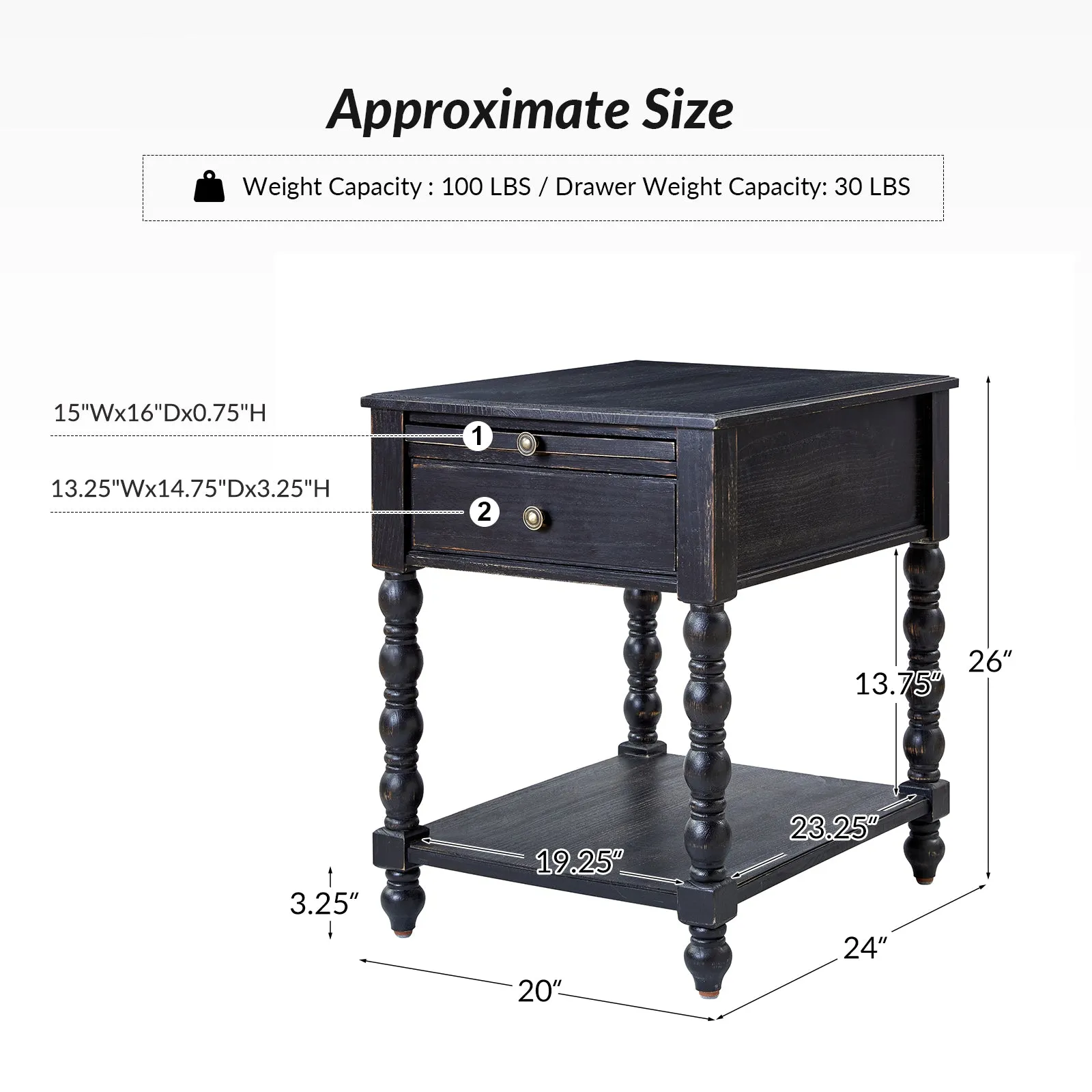 Ira 26" Tall Farmhouse Solid Wood End Table with Built-in Charging Outlets