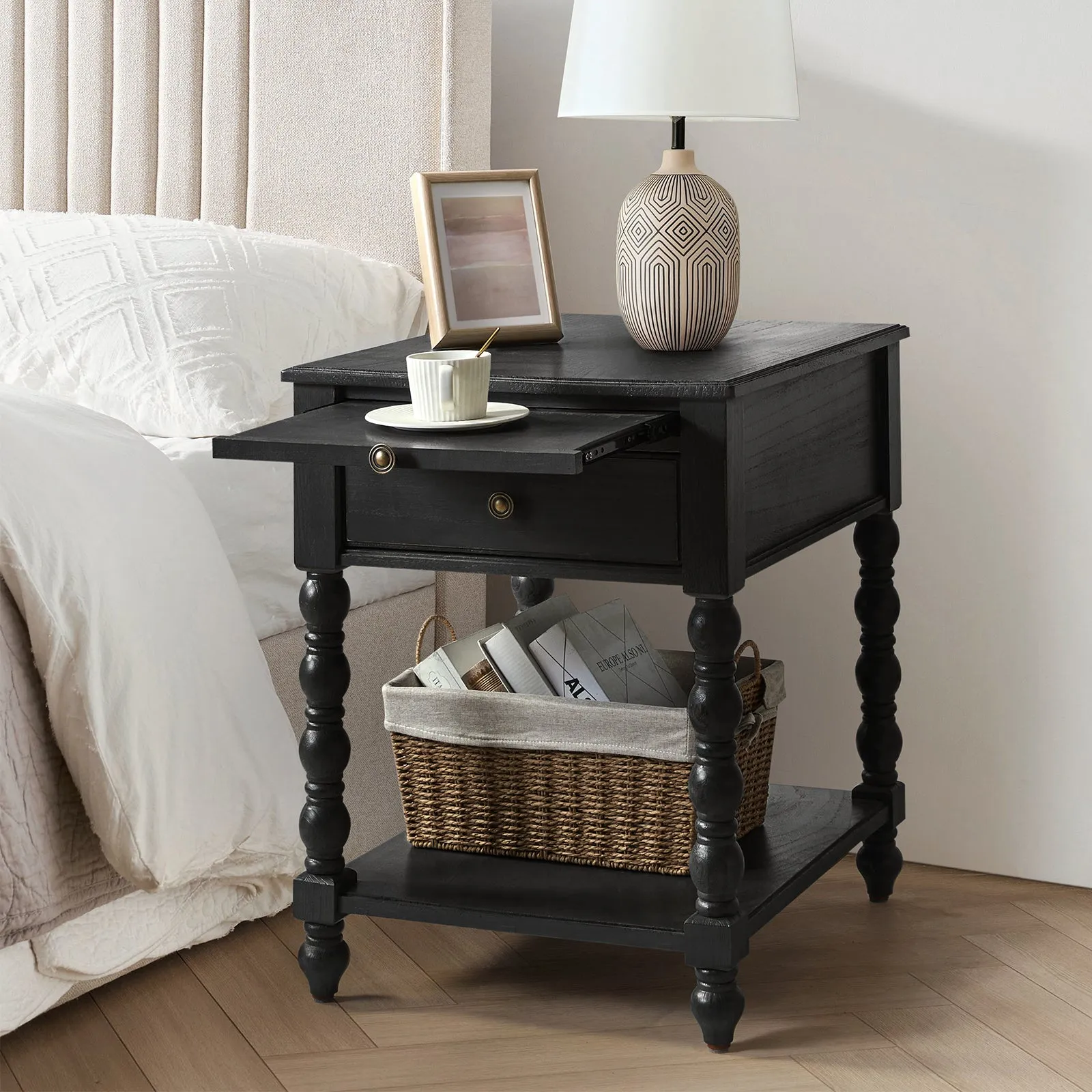 Ira 26" Tall Farmhouse Solid Wood End Table with Built-in Charging Outlets