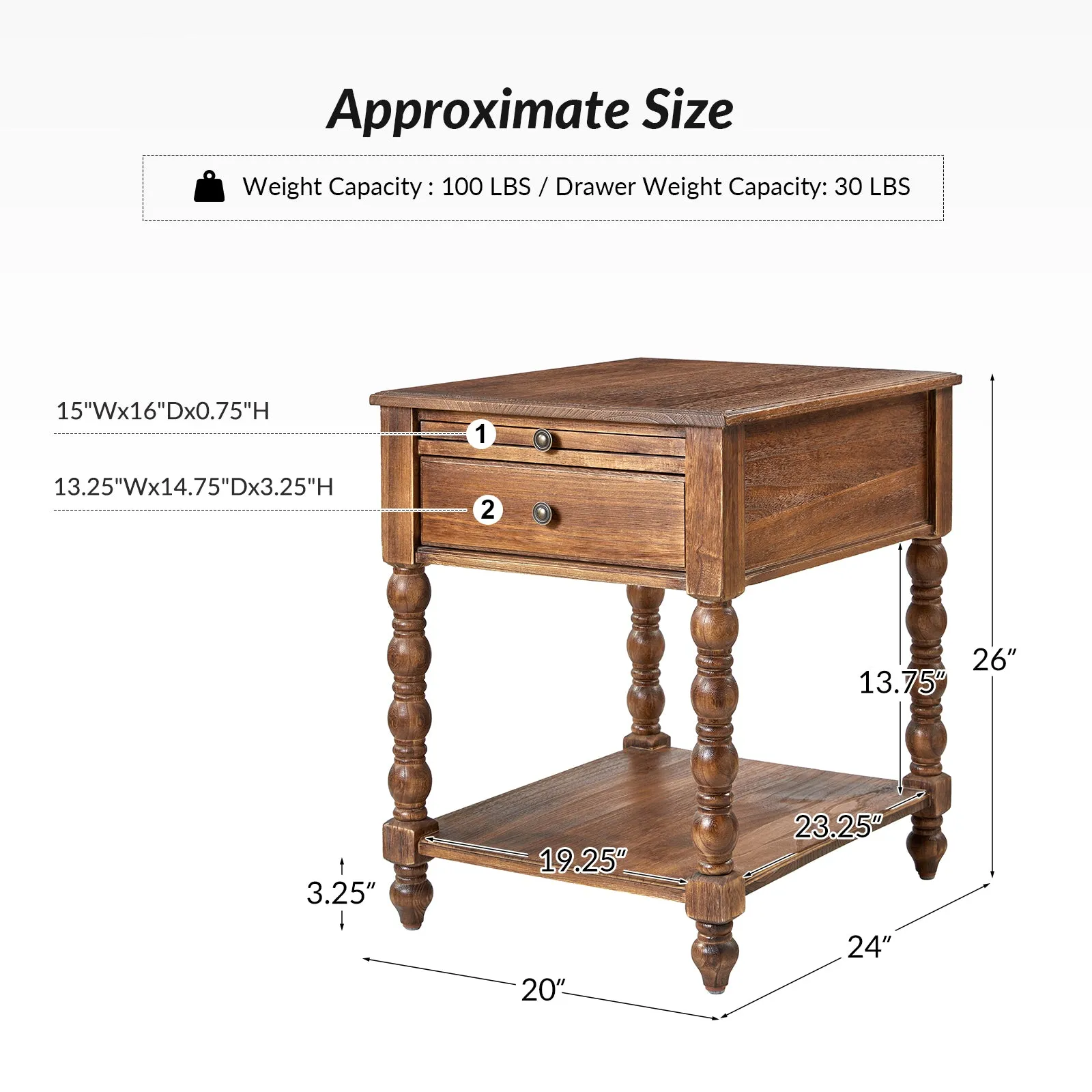 Ira 26" Tall Farmhouse Solid Wood End Table with Built-in Charging Outlets