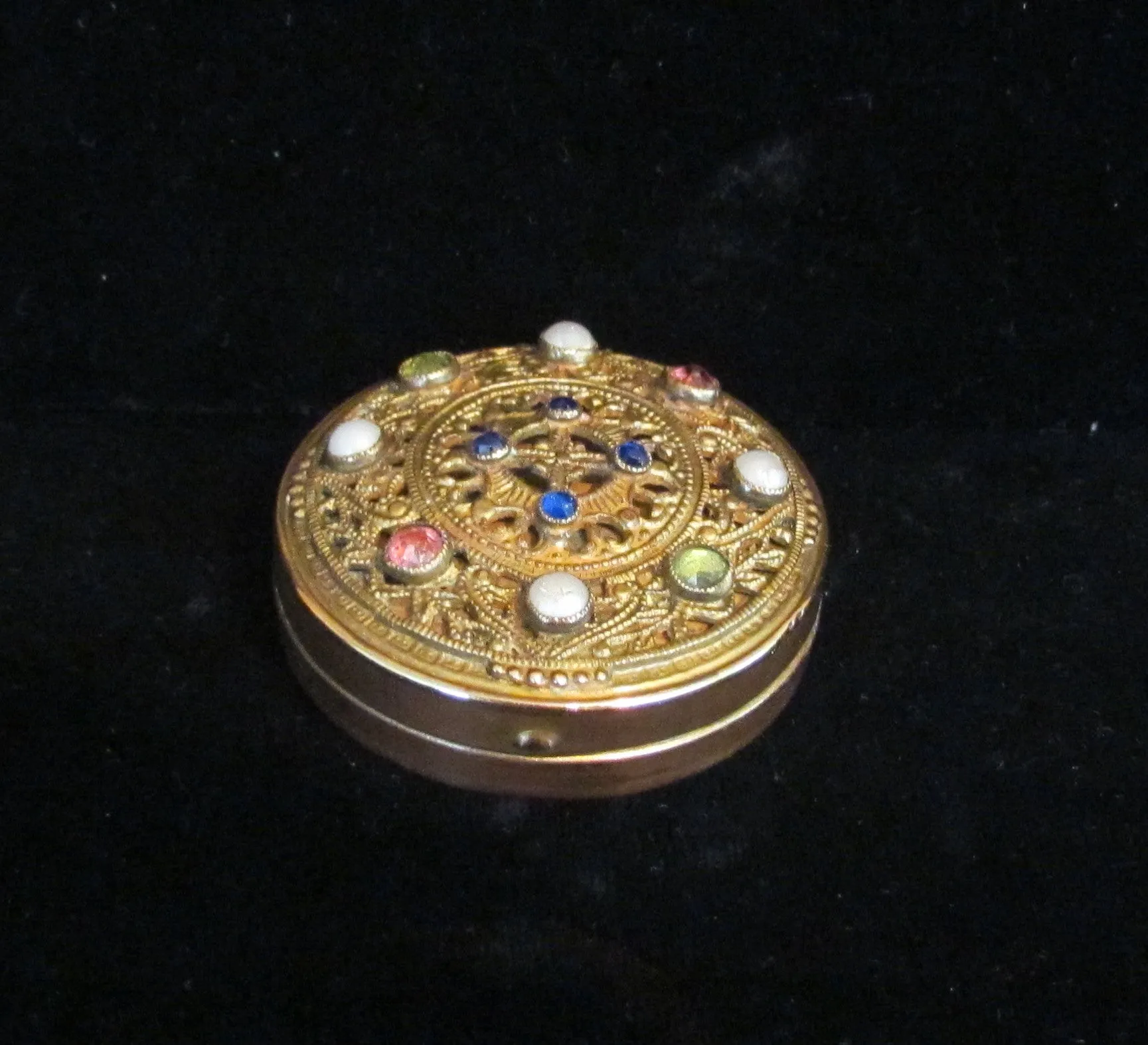 Jewel Filigree Compact E & J Bass NY Antique Jeweled Powder Mirror Compact