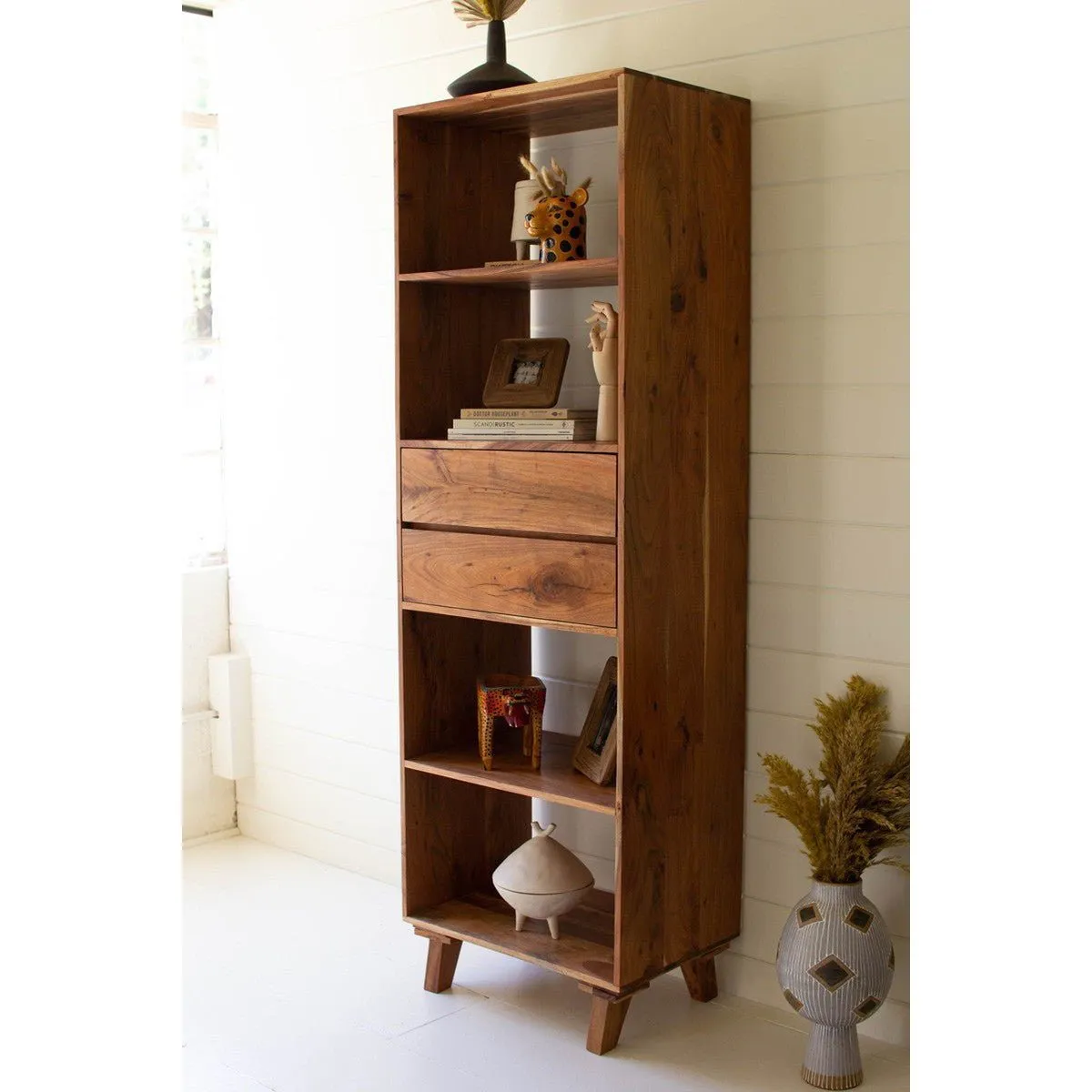 Kalalou - Tall Acacia Wood Cabinet With Two Drawers