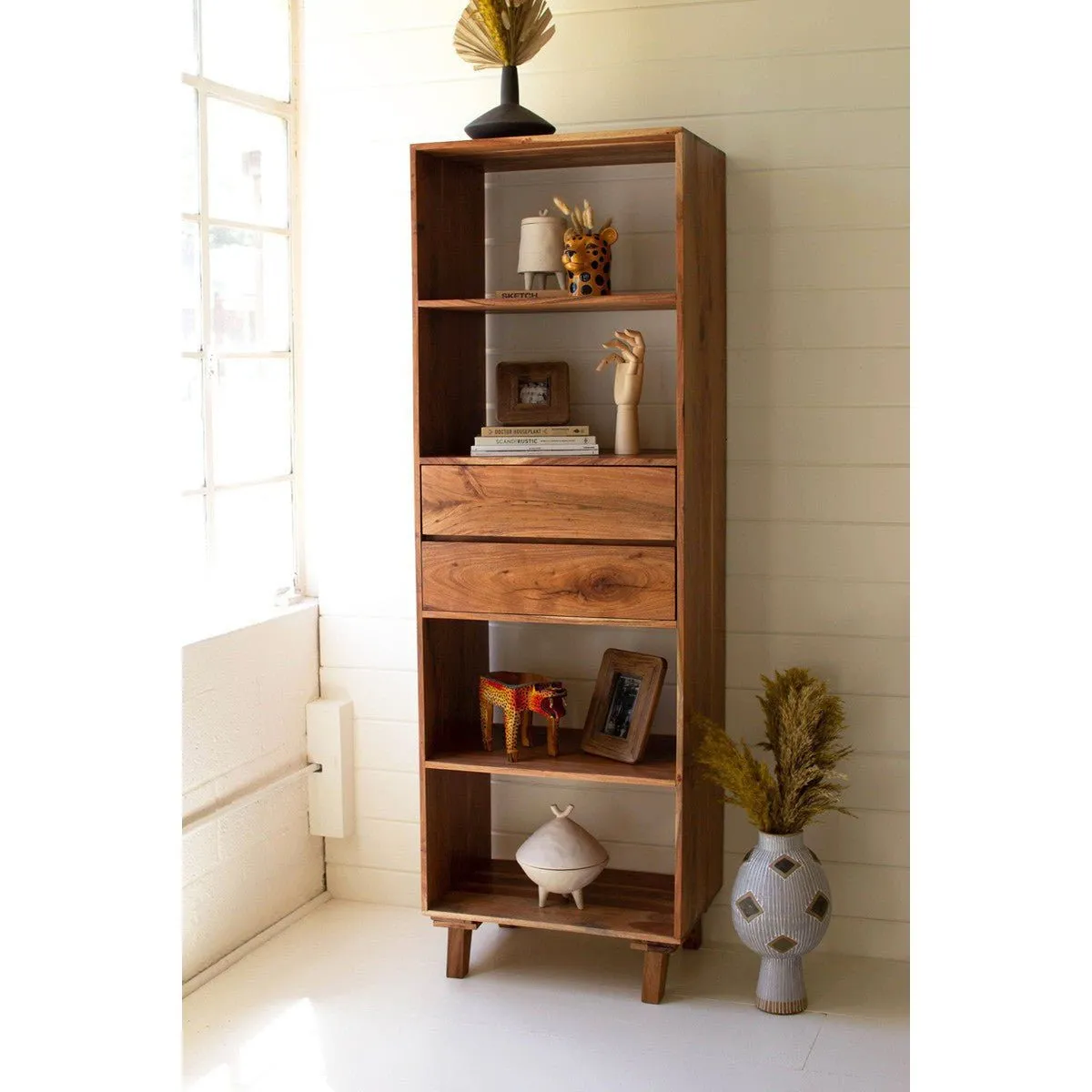 Kalalou - Tall Acacia Wood Cabinet With Two Drawers