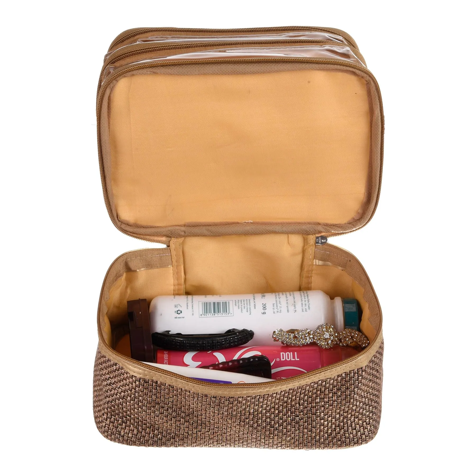 Kuber Industries Makeup Kit | Jute 3 Layer Cosmetic Kit | Antique Color Travel Kit with Clear Window | Vanity Kit for Woman with Handle | Golden