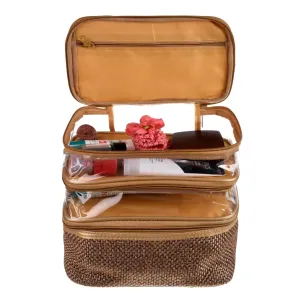 Kuber Industries Makeup Kit | Jute 3 Layer Cosmetic Kit | Antique Color Travel Kit with Clear Window | Vanity Kit for Woman with Handle | Golden