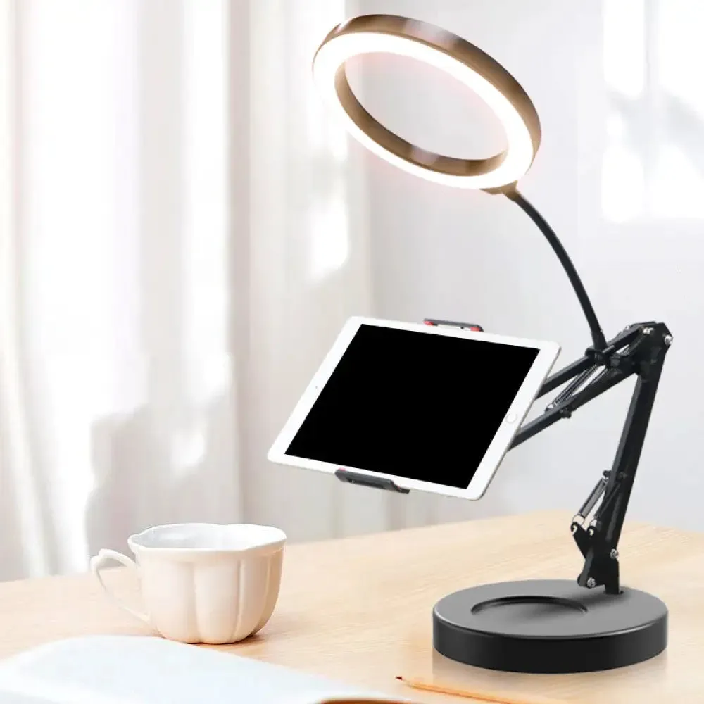 LED Makeup Light Mobile Phone Holder Fill Lamp - Sleek Black with Foldable Arm