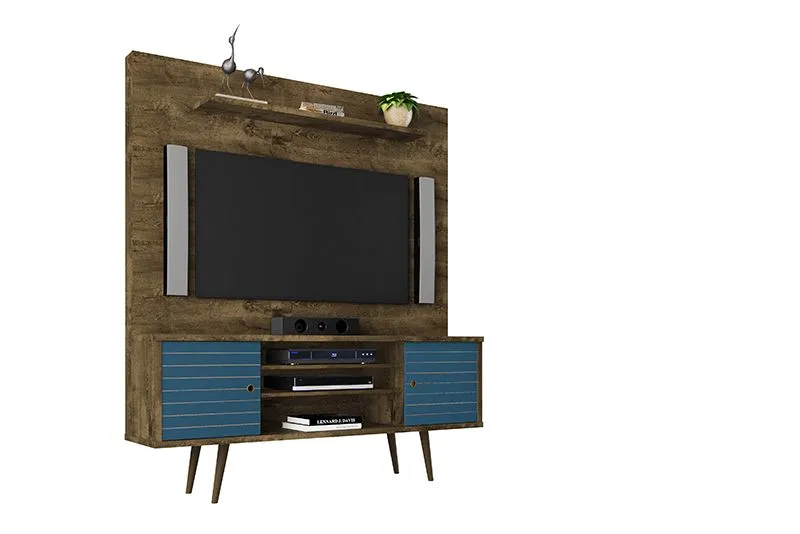 Liberty 63" Freestanding Entertainment Center with Overhead shelf in Rustic Brown and Aqua Blue