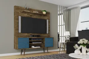 Liberty 63" Freestanding Entertainment Center with Overhead shelf in Rustic Brown and Aqua Blue