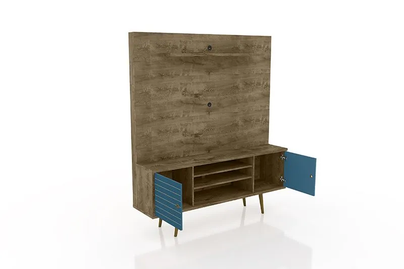 Liberty 63" Freestanding Entertainment Center with Overhead shelf in Rustic Brown and Aqua Blue