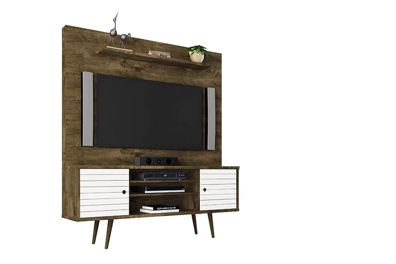 Liberty 63" Freestanding Entertainment Center with Overhead shelf in Rustic Brown and White