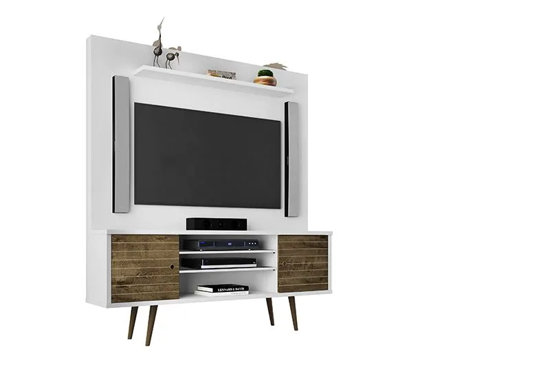 Liberty 63" Freestanding Entertainment Center with Overhead shelf in White and Rustic Brown