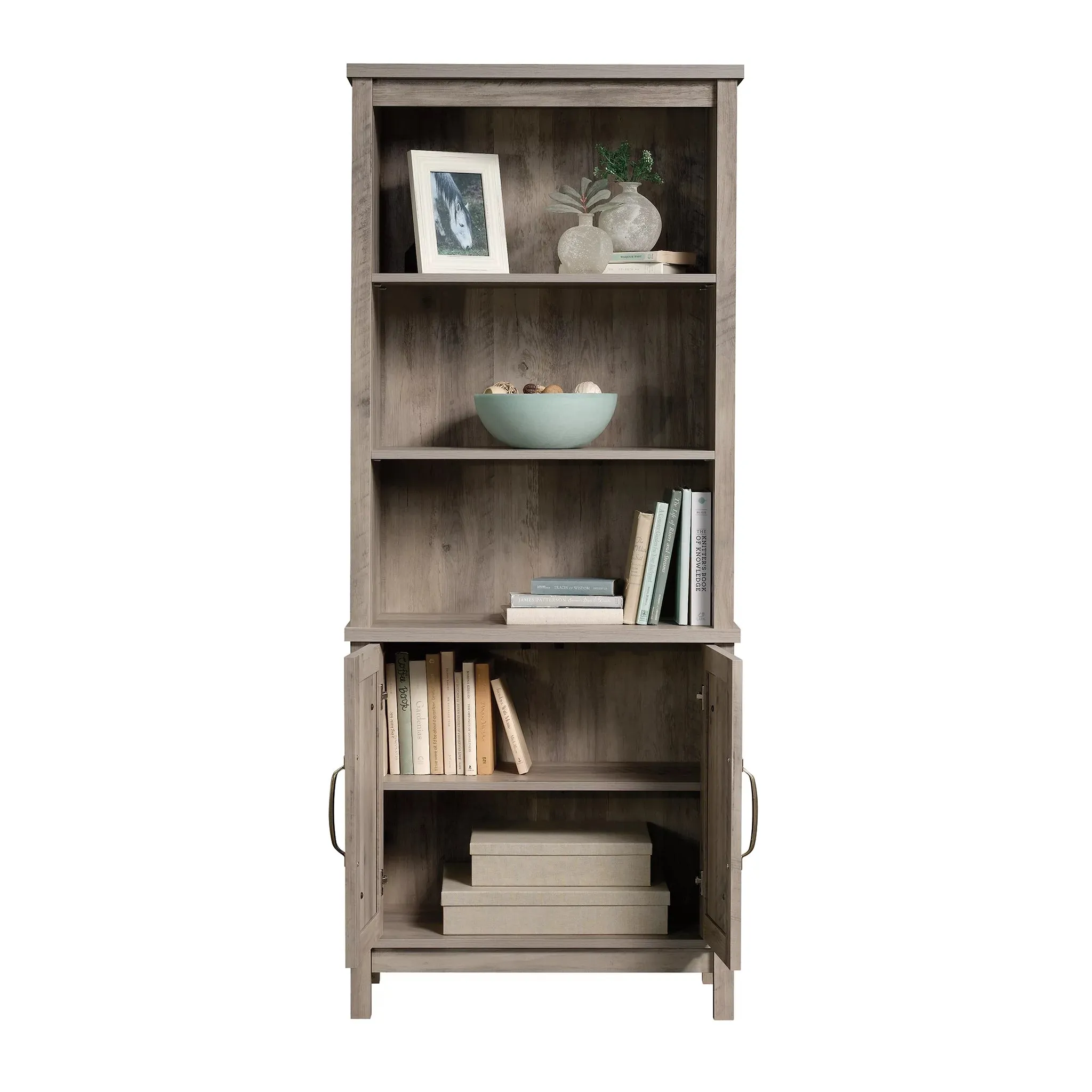 Modern Farmhouse 5 Shelf Library Bookcase with Doors, Rustic Gray Finish