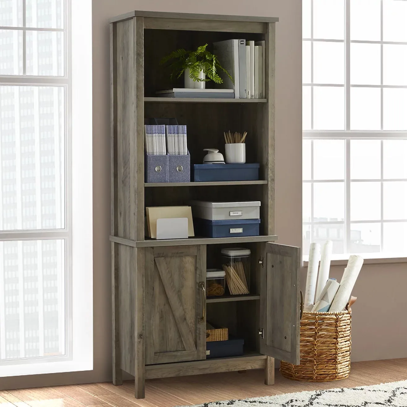 Modern Farmhouse 5 Shelf Library Bookcase with Doors, Rustic Gray Finish