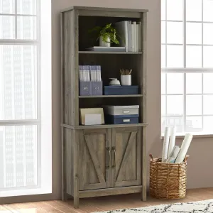 Modern Farmhouse 5 Shelf Library Bookcase with Doors, Rustic Gray Finish