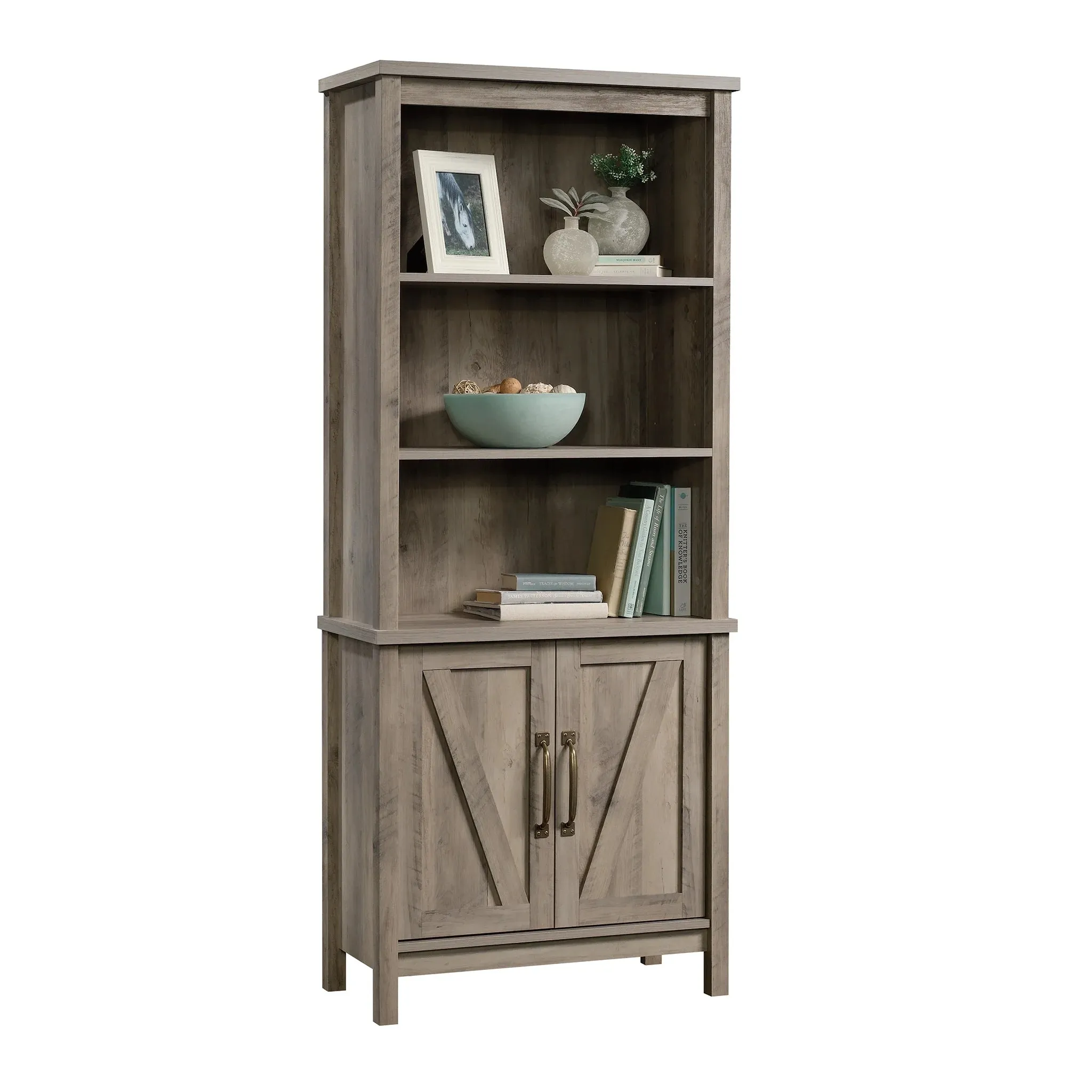 Modern Farmhouse 5 Shelf Library Bookcase with Doors, Rustic Gray Finish