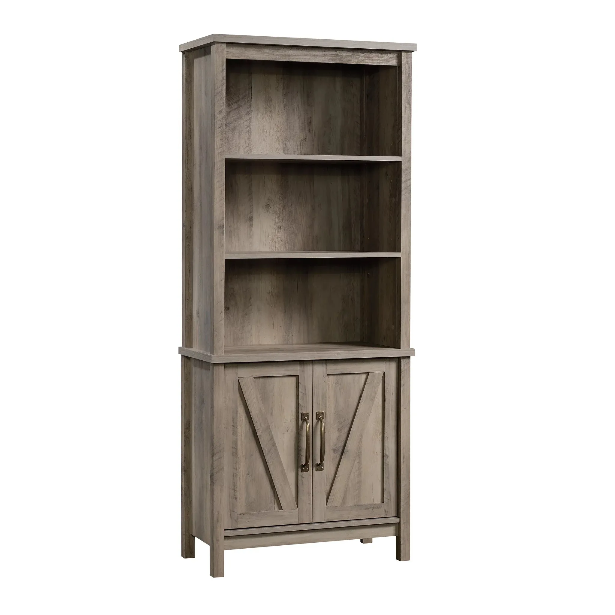 Modern Farmhouse 5 Shelf Library Bookcase with Doors, Rustic Gray Finish