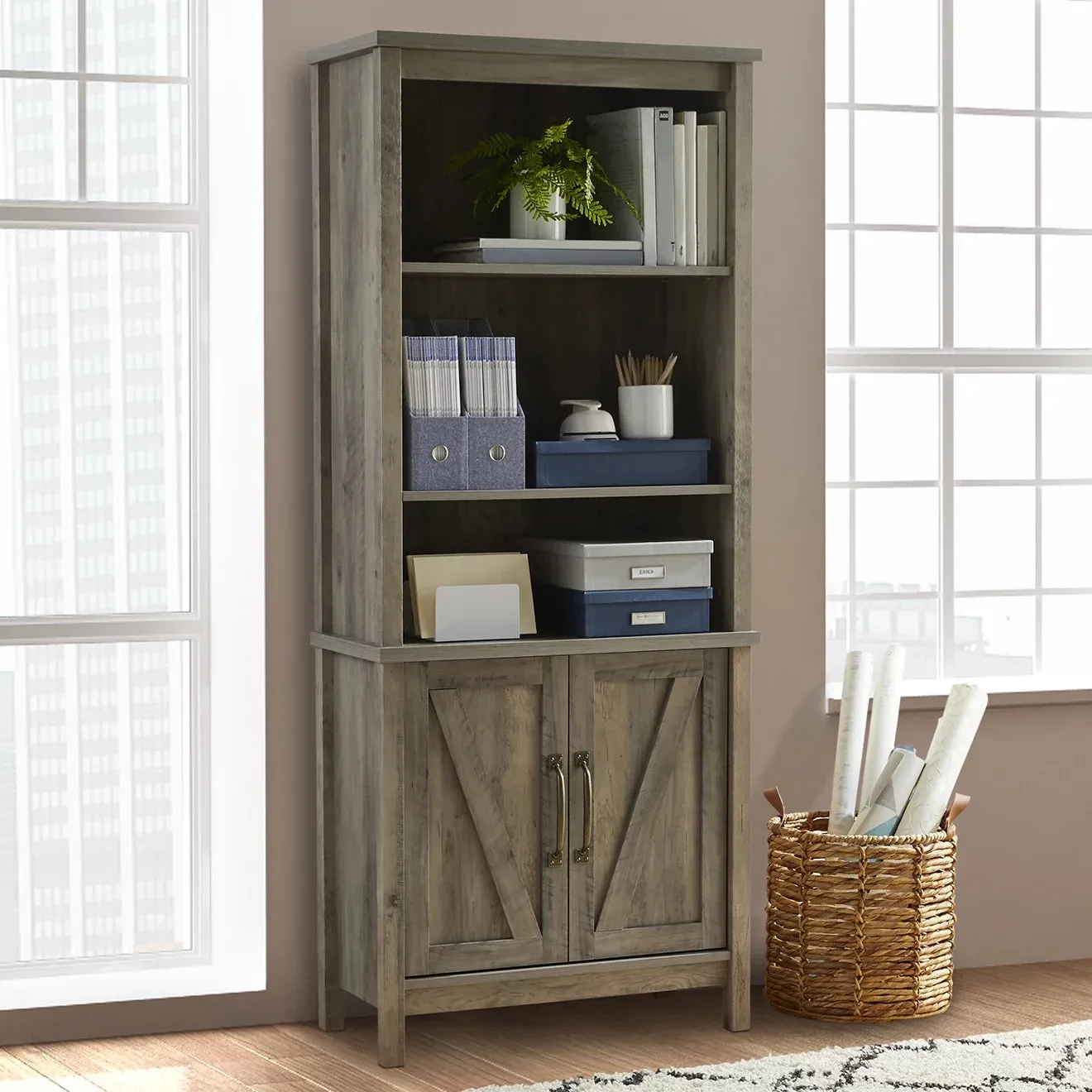 Modern Farmhouse 5 Shelf Library Bookcase with Doors, Rustic Gray Finish