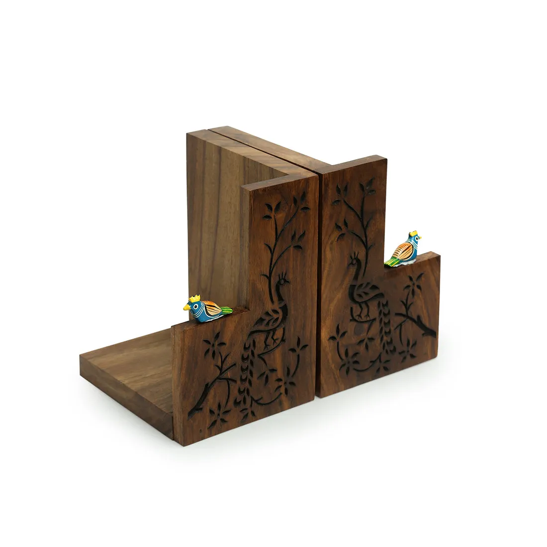 'Peacock Pair' Hand Carved Sheesham Wood Bookend