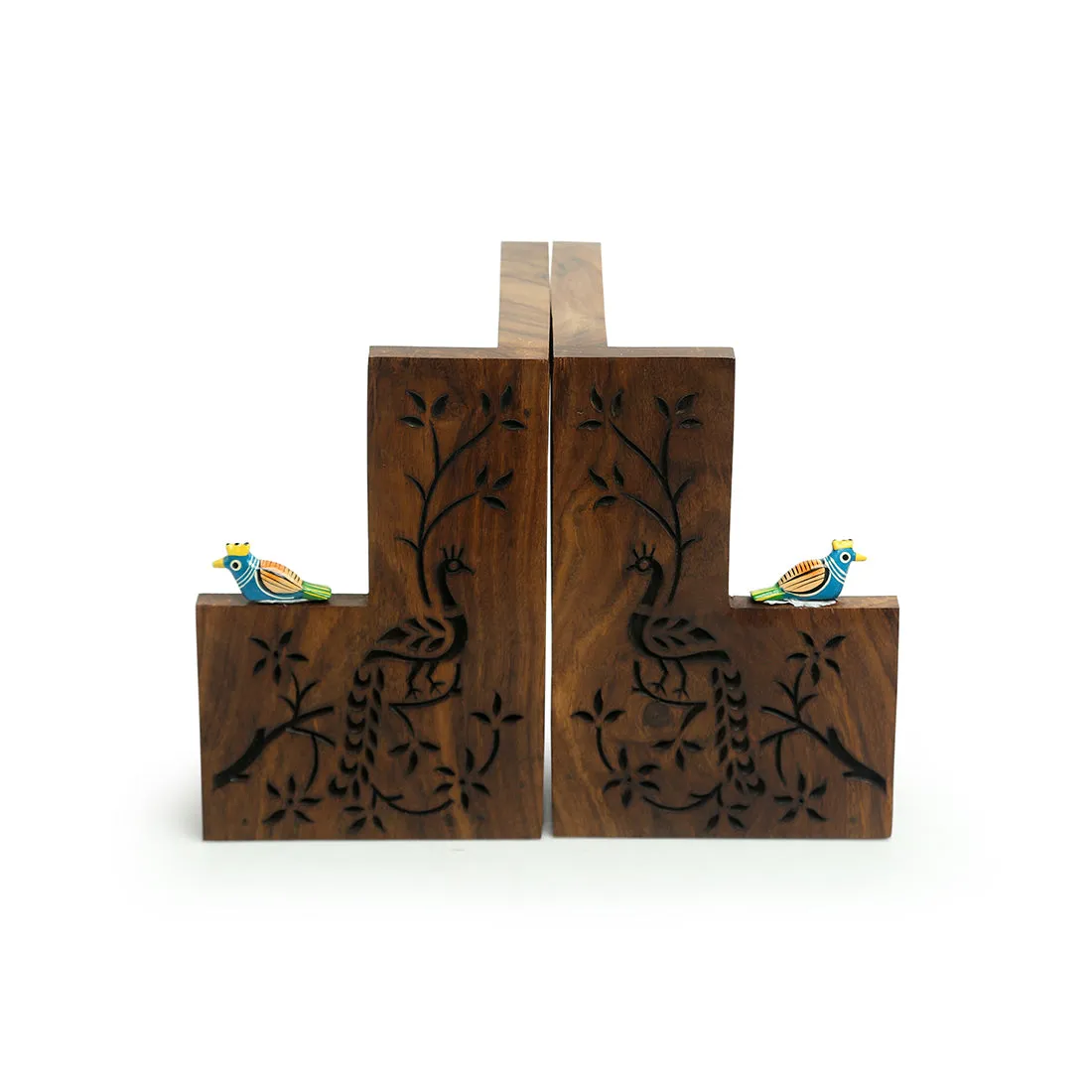 'Peacock Pair' Hand Carved Sheesham Wood Bookend