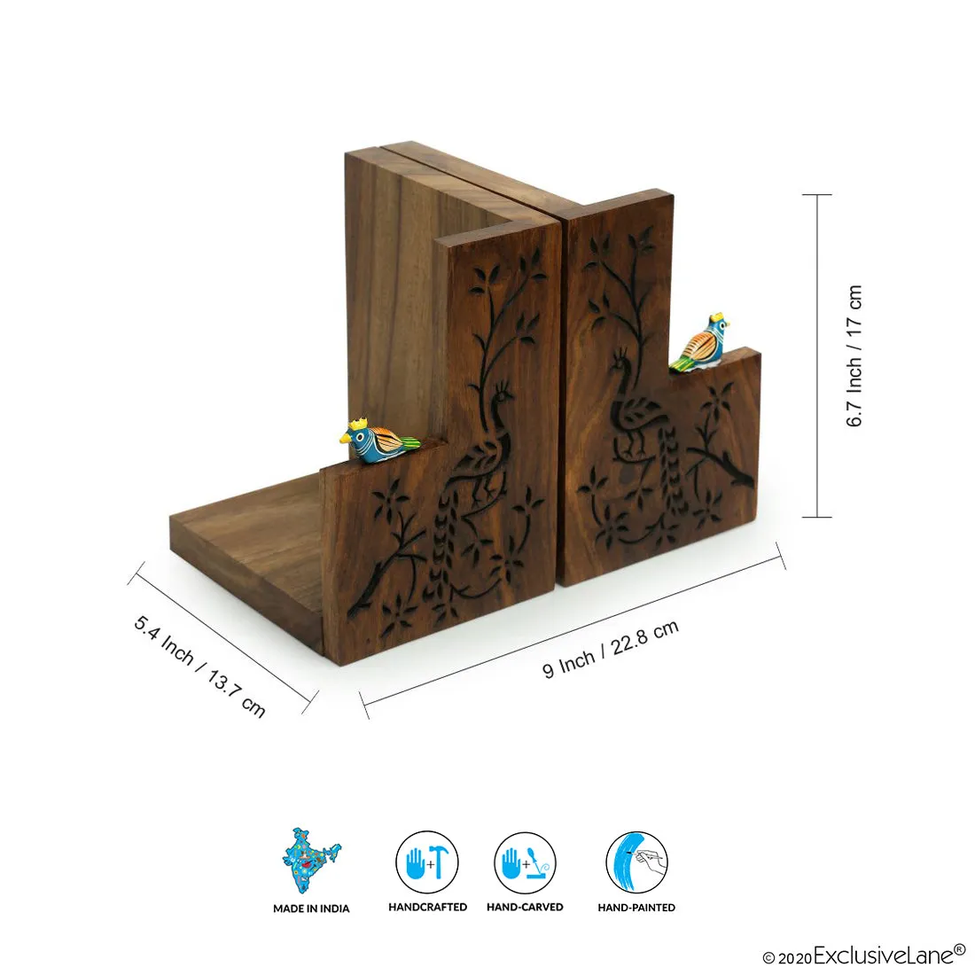 'Peacock Pair' Hand Carved Sheesham Wood Bookend