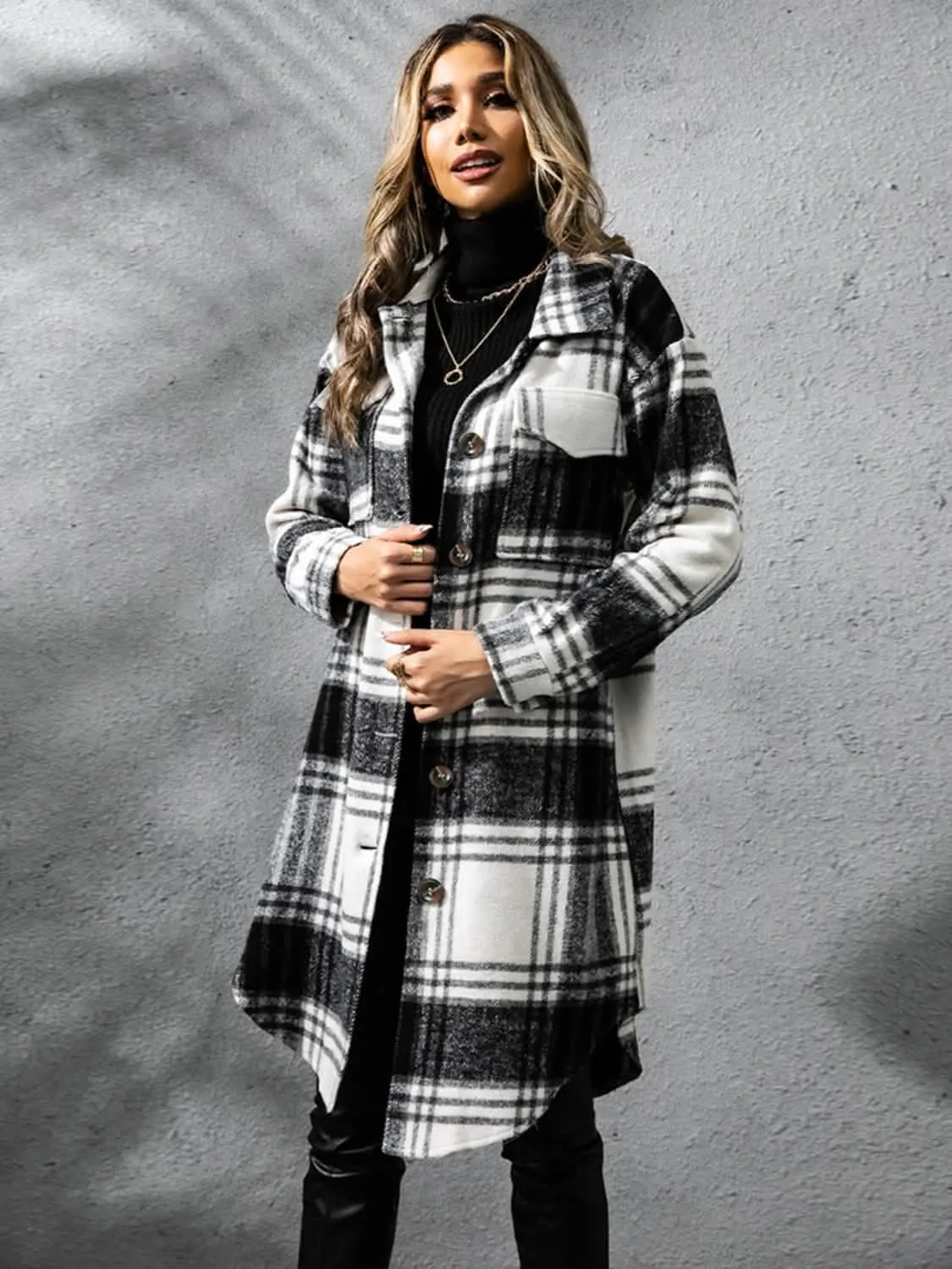 Plaid Long Sleeve Button-Up Overcoat with Practical Pockets