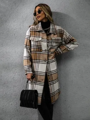 Plaid Long Sleeve Button-Up Overcoat with Practical Pockets