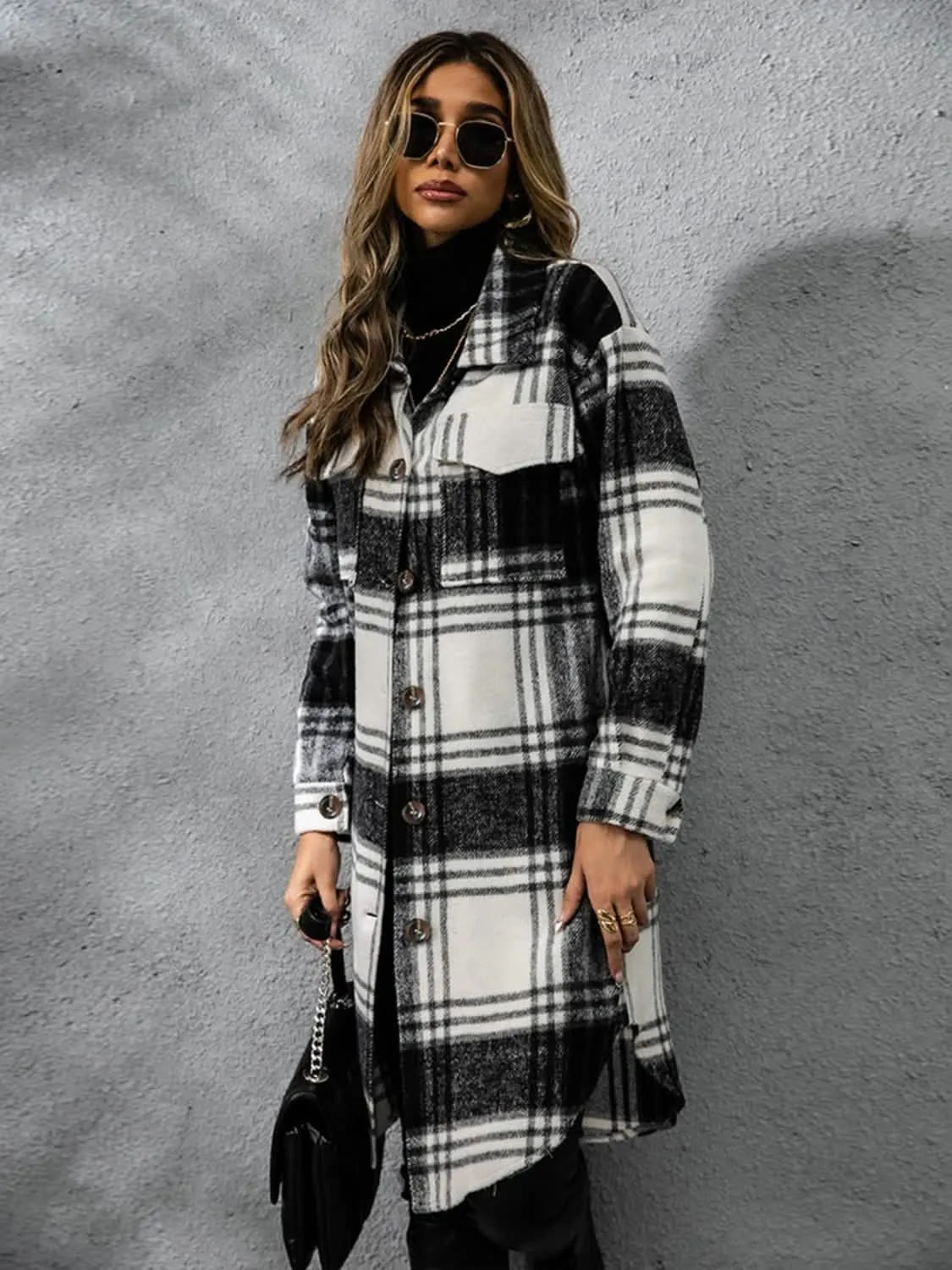 Plaid Long Sleeve Button-Up Overcoat with Practical Pockets