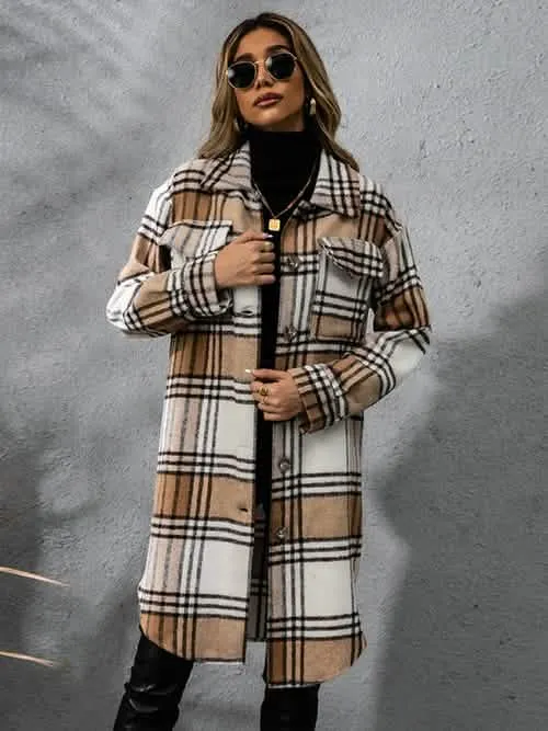 Plaid Long Sleeve Button-Up Overcoat with Practical Pockets