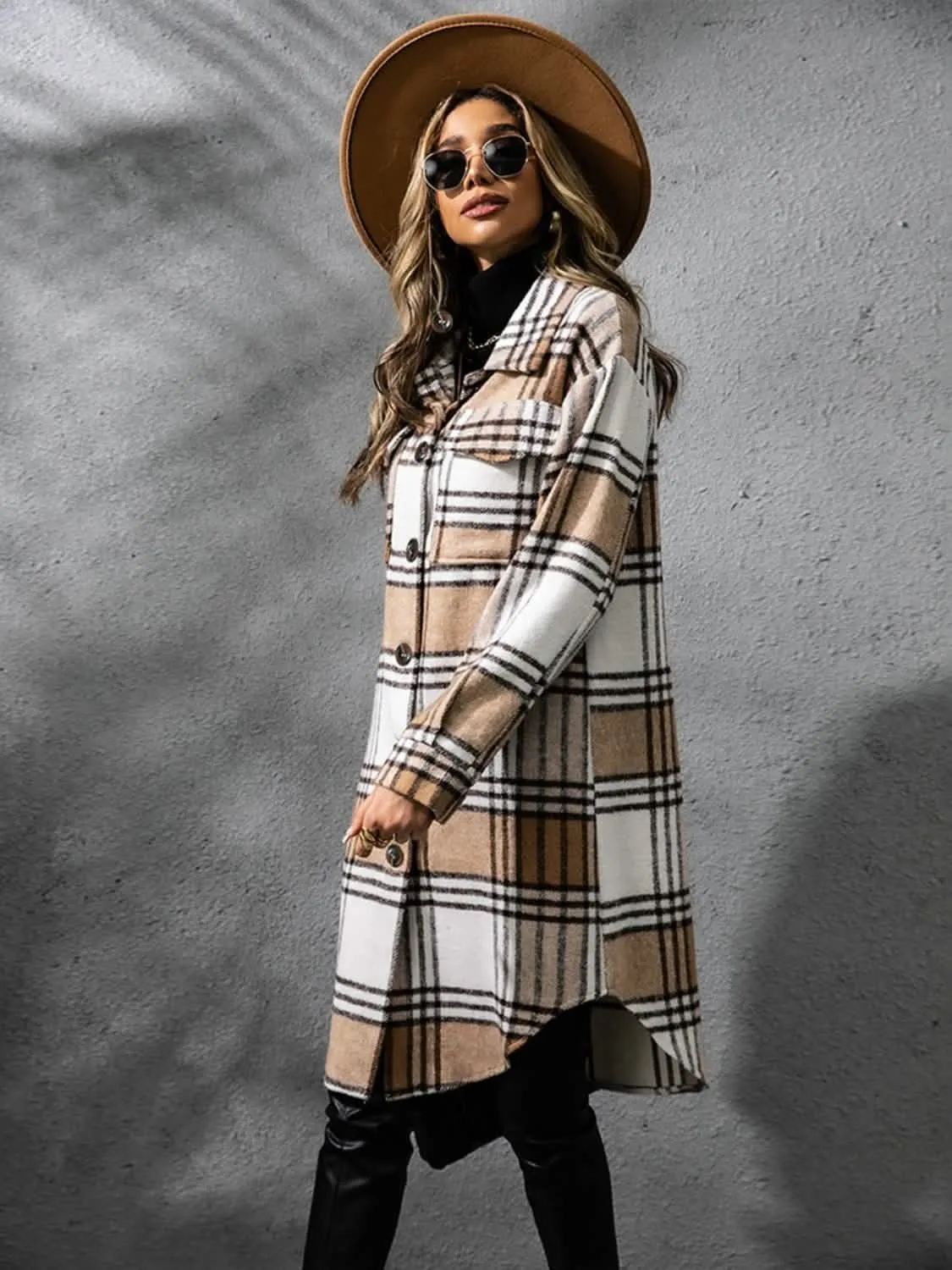 Plaid Long Sleeve Button-Up Overcoat with Practical Pockets