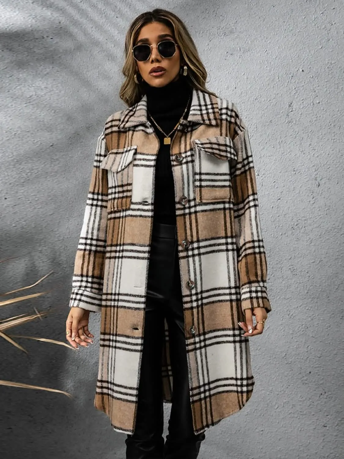 Plaid Long Sleeve Button-Up Overcoat with Practical Pockets