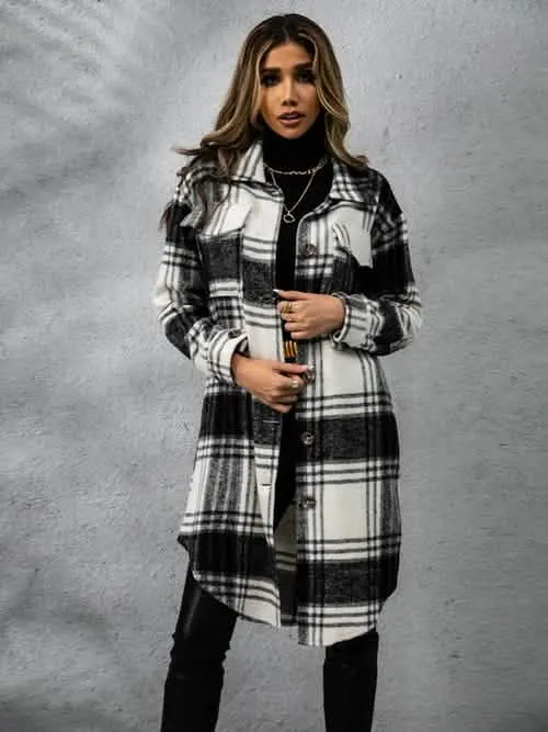 Plaid Long Sleeve Button-Up Overcoat with Practical Pockets