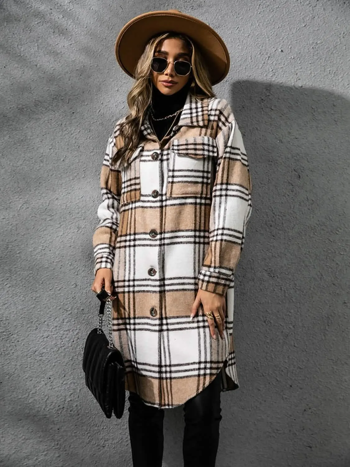 Plaid Long Sleeve Button-Up Overcoat with Practical Pockets