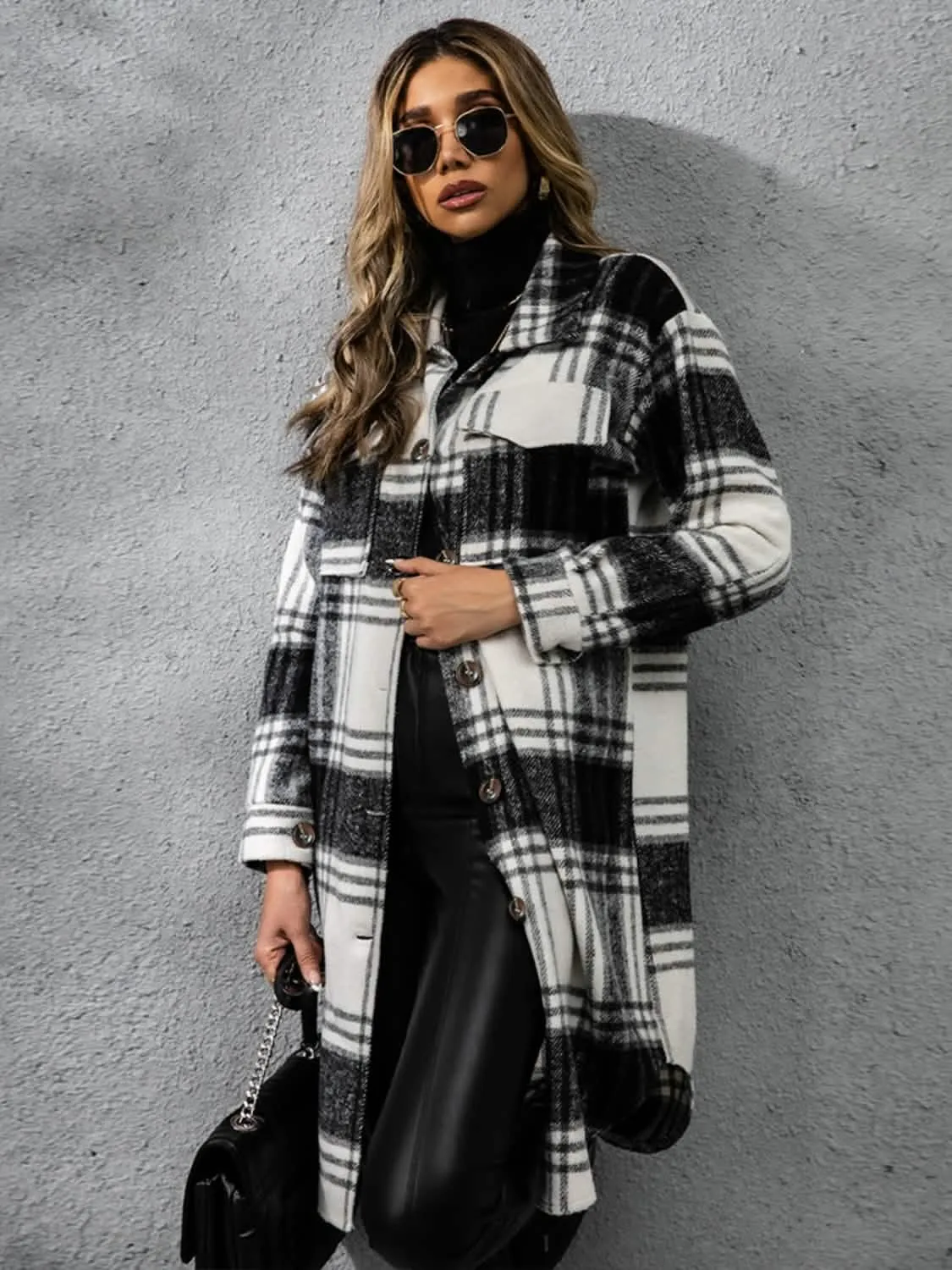 Plaid Long Sleeve Button-Up Overcoat with Practical Pockets