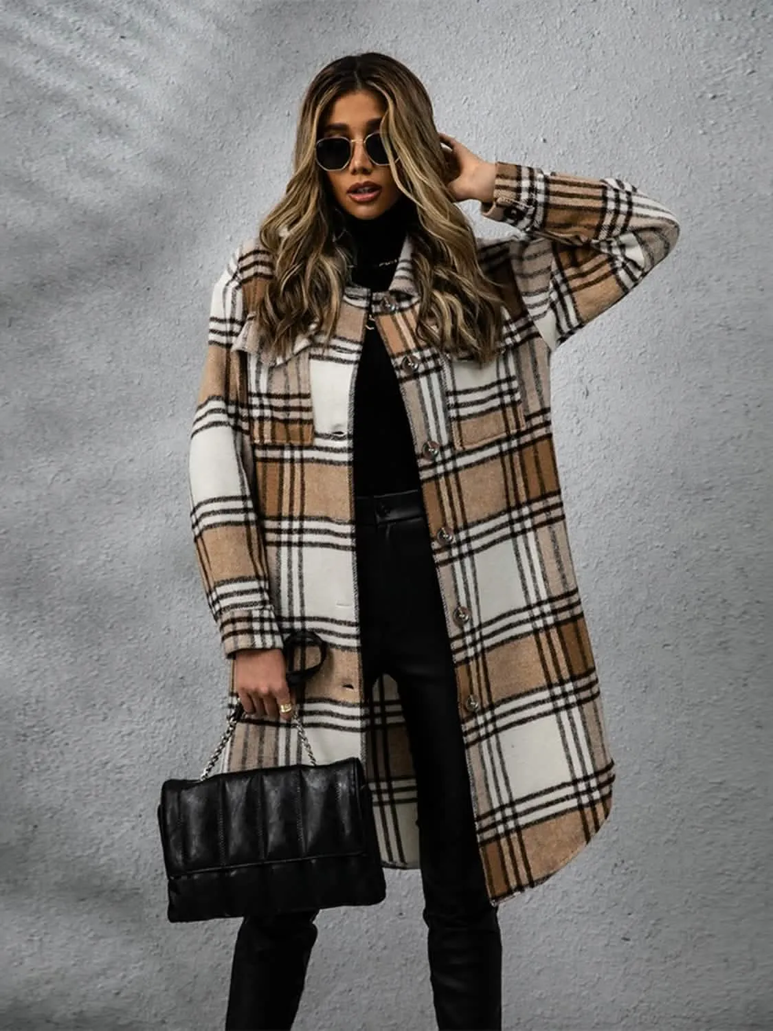 Plaid Long Sleeve Button-Up Overcoat with Practical Pockets