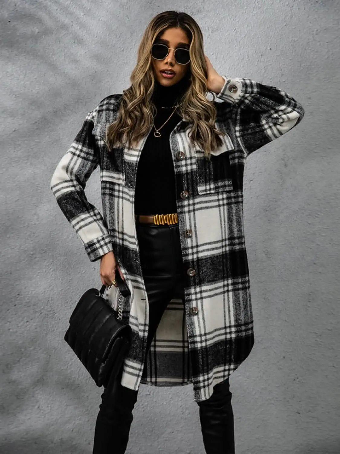 Plaid Long Sleeve Button-Up Overcoat with Practical Pockets