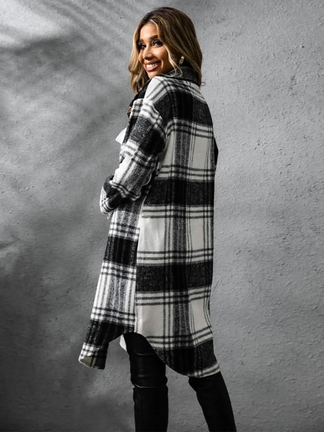 Plaid Long Sleeve Button-Up Overcoat with Practical Pockets