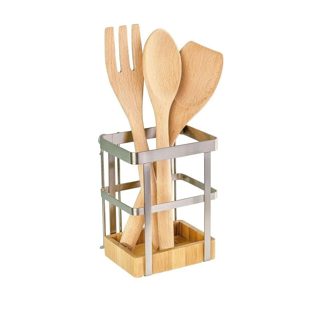 Premium Utensil Holder Bamboo & Steel