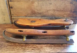 Primitive Antique Ice Skates with Wood and  Hand Forged Blades and Unique Curl