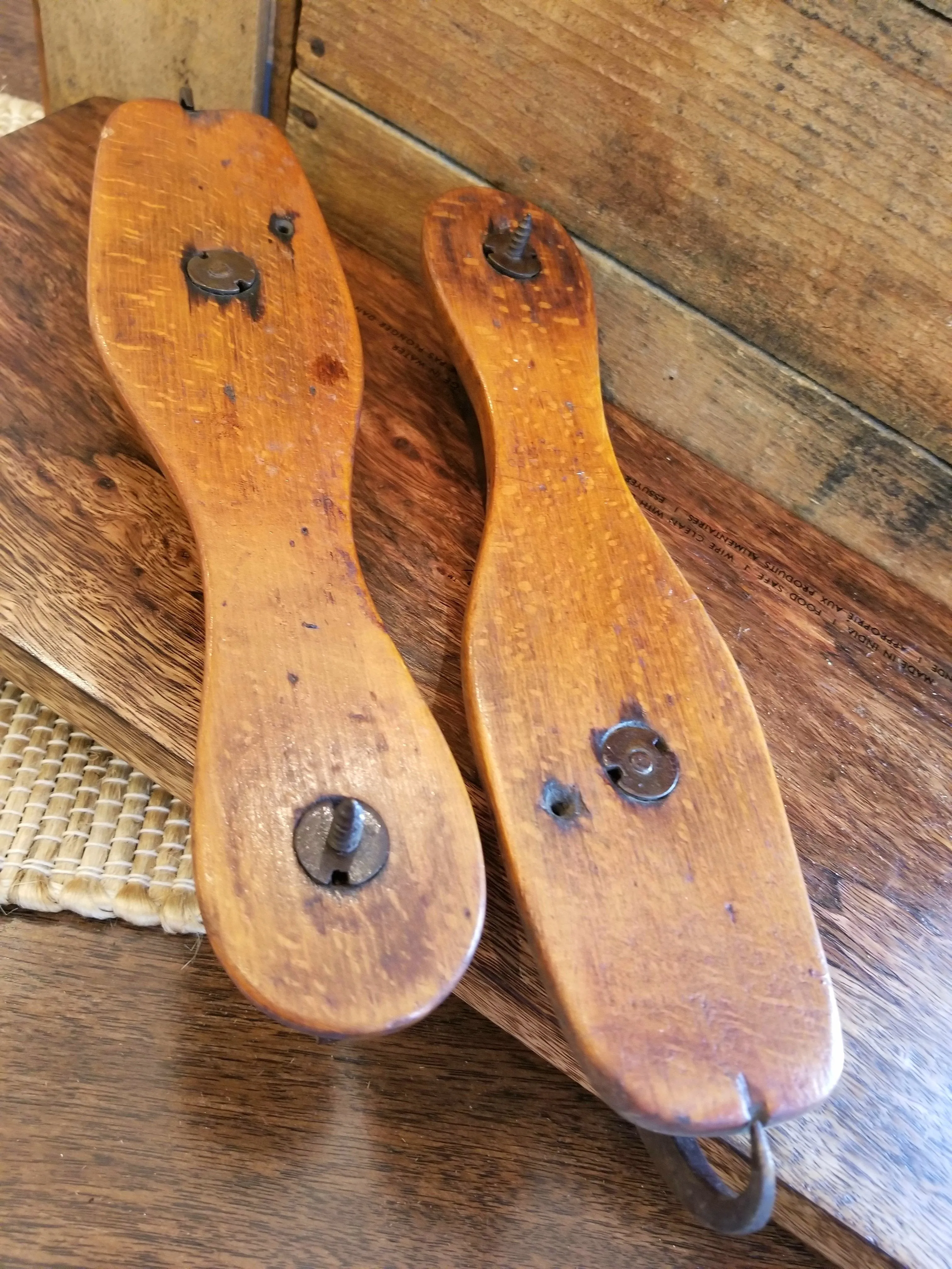 Primitive Antique Ice Skates with Wood and  Hand Forged Blades and Unique Curl