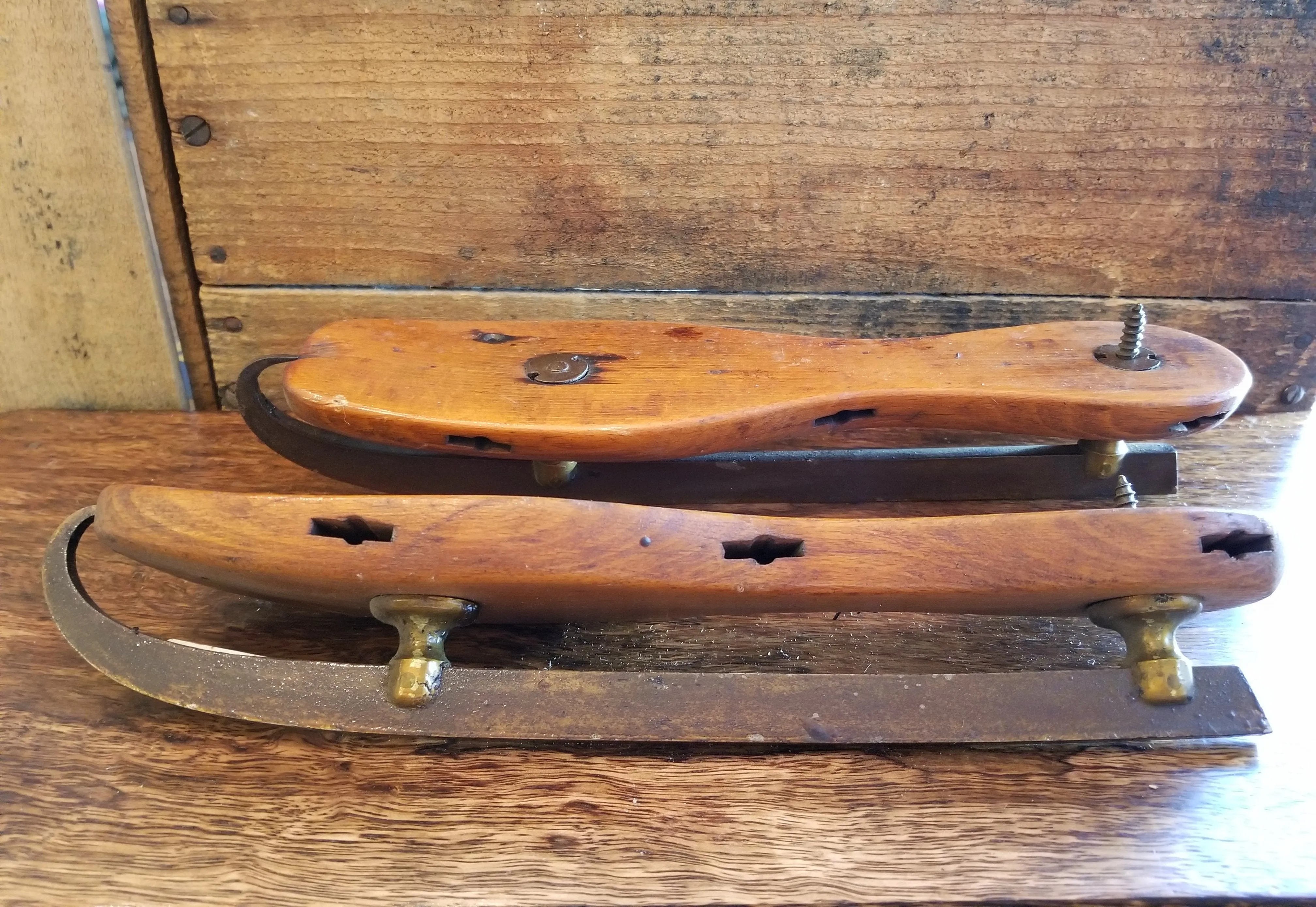 Primitive Antique Ice Skates with Wood and  Hand Forged Blades and Unique Curl