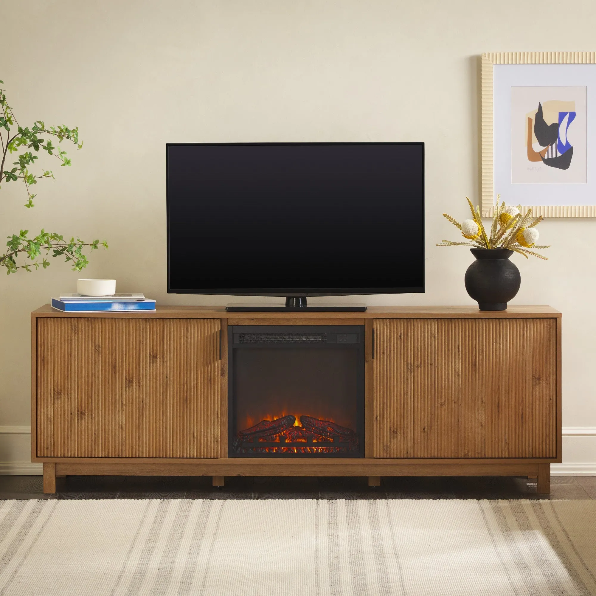 Reema Scandinavian 70" Modern Reeded TV Stand with Freestanding Electric Fireplace