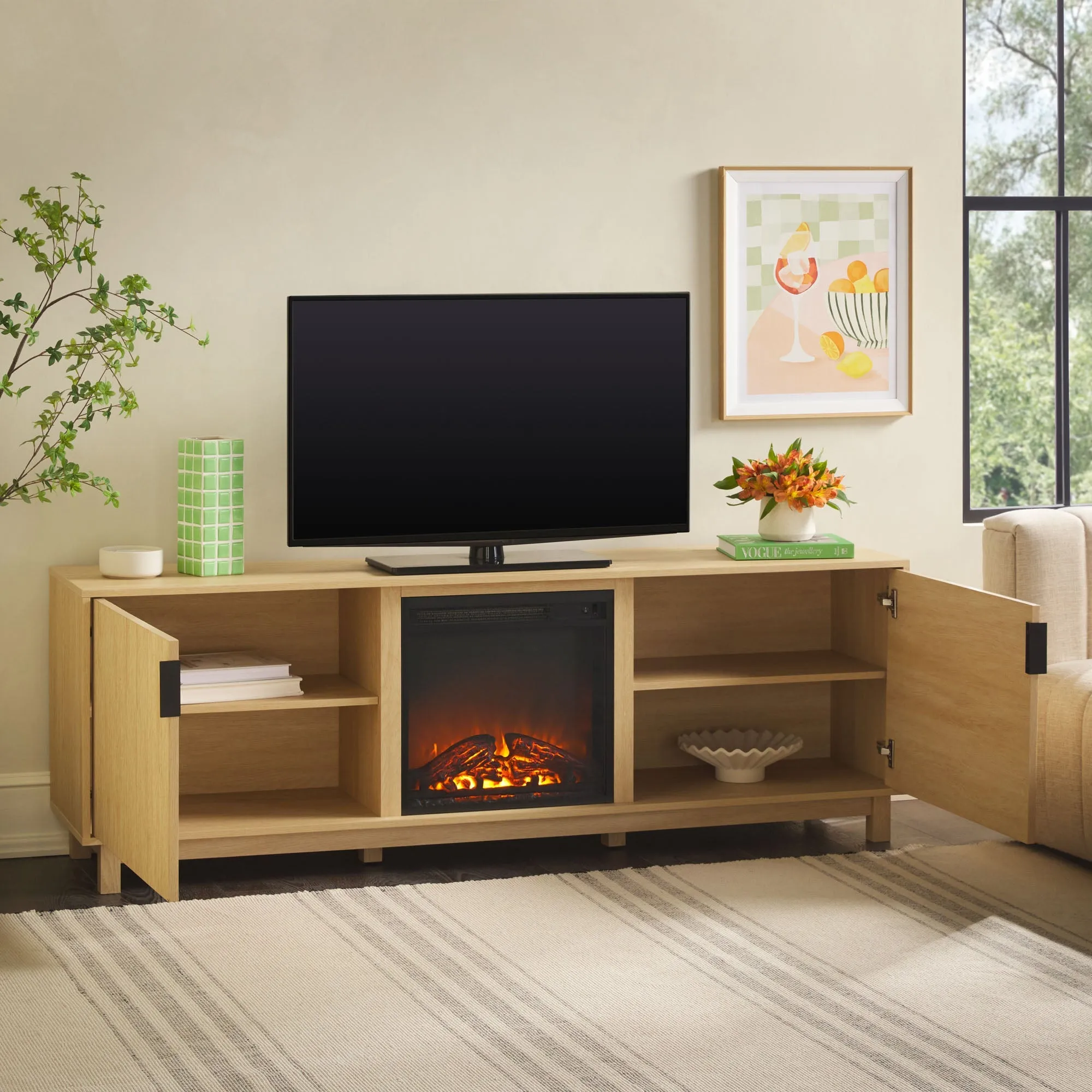 Reema Scandinavian 70" Modern Reeded TV Stand with Freestanding Electric Fireplace