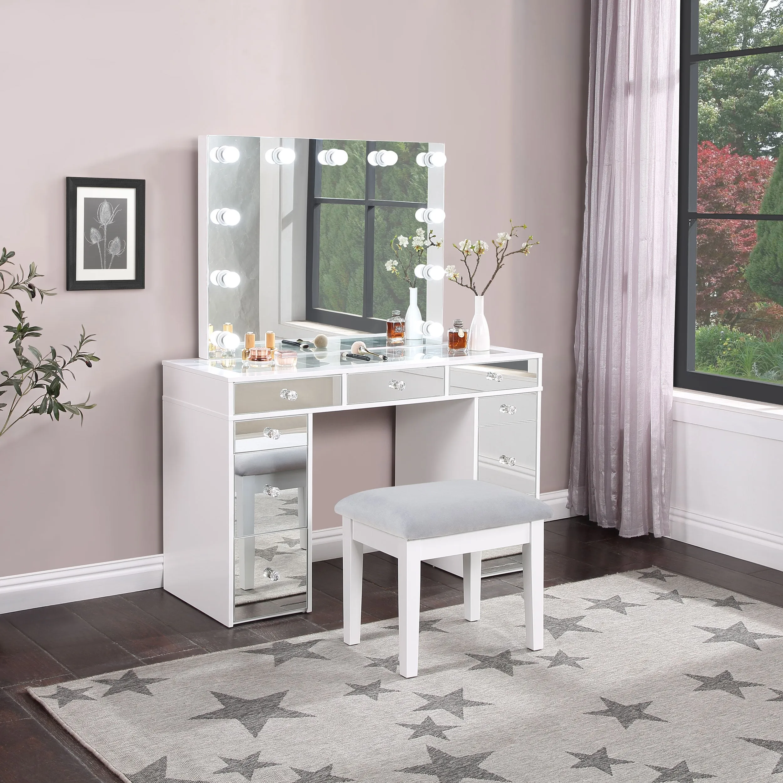 Regina 3-piece Makeup Vanity Table Set Hollywood Lighting White and Mirror