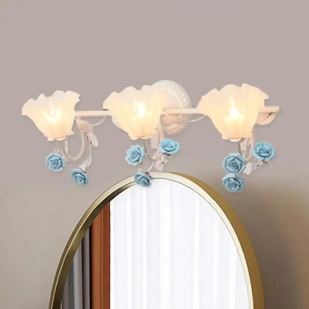 Ruffle Bathroom Wall Mount Light - American Flower Frosted Glass - 2/3-Head Vanity Sconce - Pink/Blue