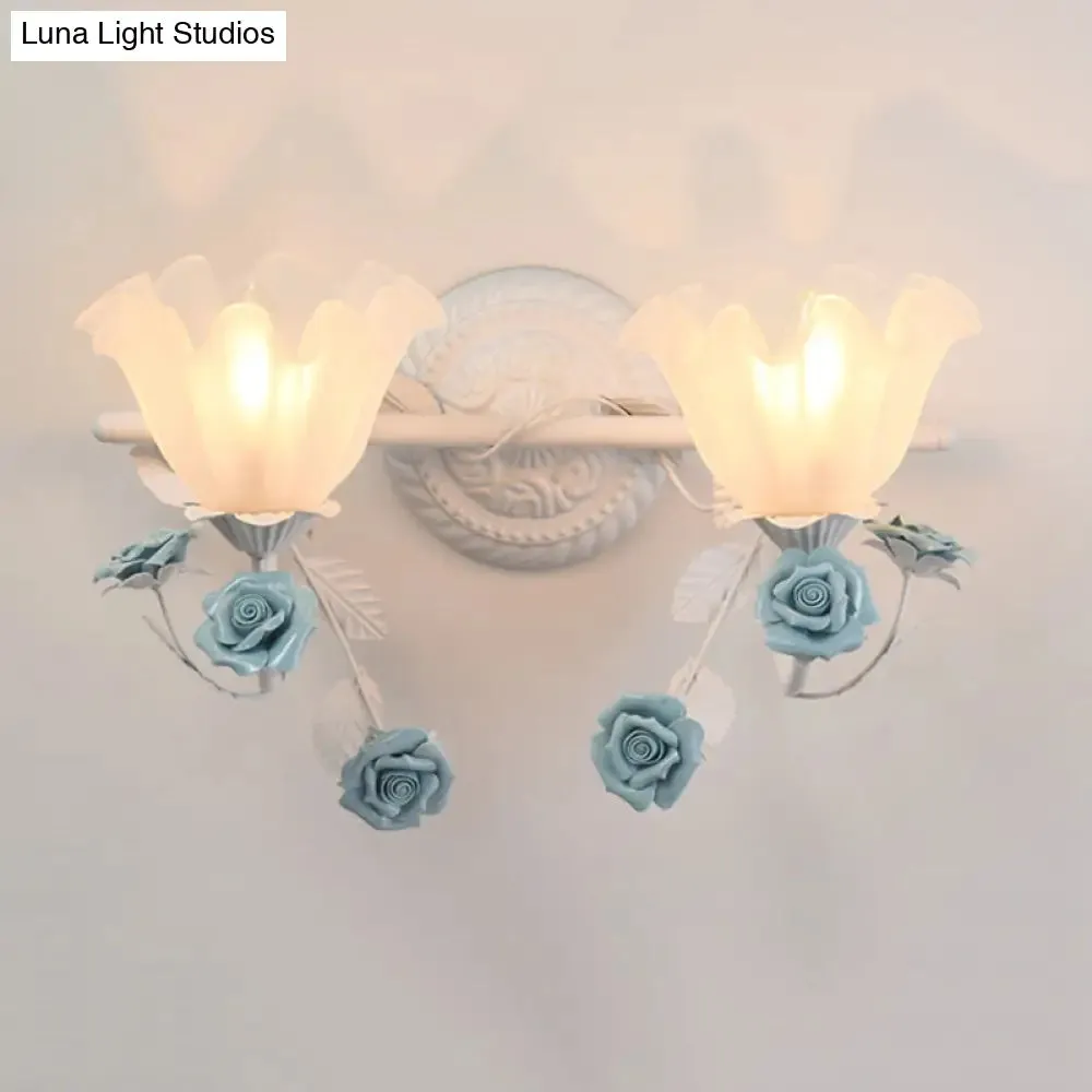 Ruffle Bathroom Wall Mount Light - American Flower Frosted Glass - 2/3-Head Vanity Sconce - Pink/Blue