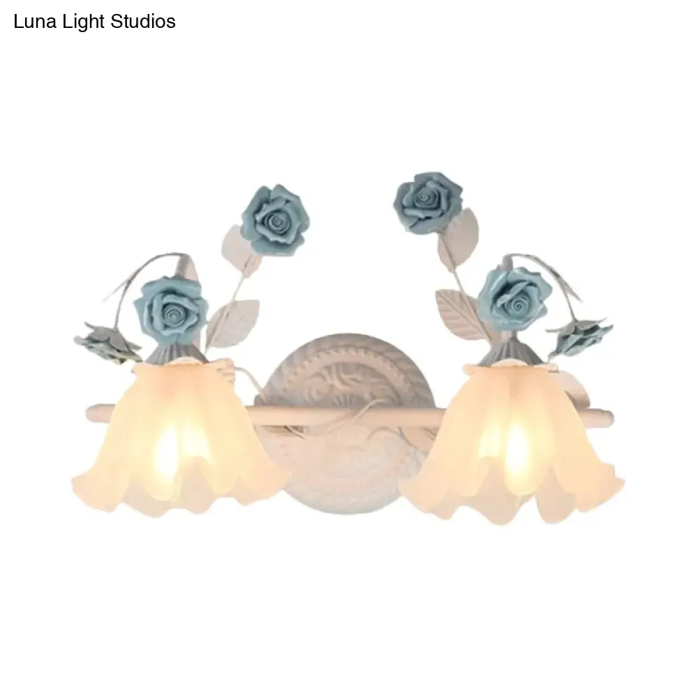 Ruffle Bathroom Wall Mount Light - American Flower Frosted Glass - 2/3-Head Vanity Sconce - Pink/Blue