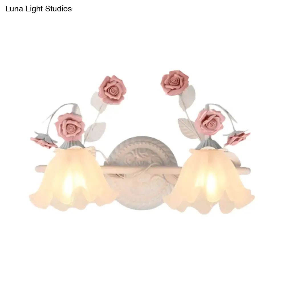 Ruffle Bathroom Wall Mount Light - American Flower Frosted Glass - 2/3-Head Vanity Sconce - Pink/Blue